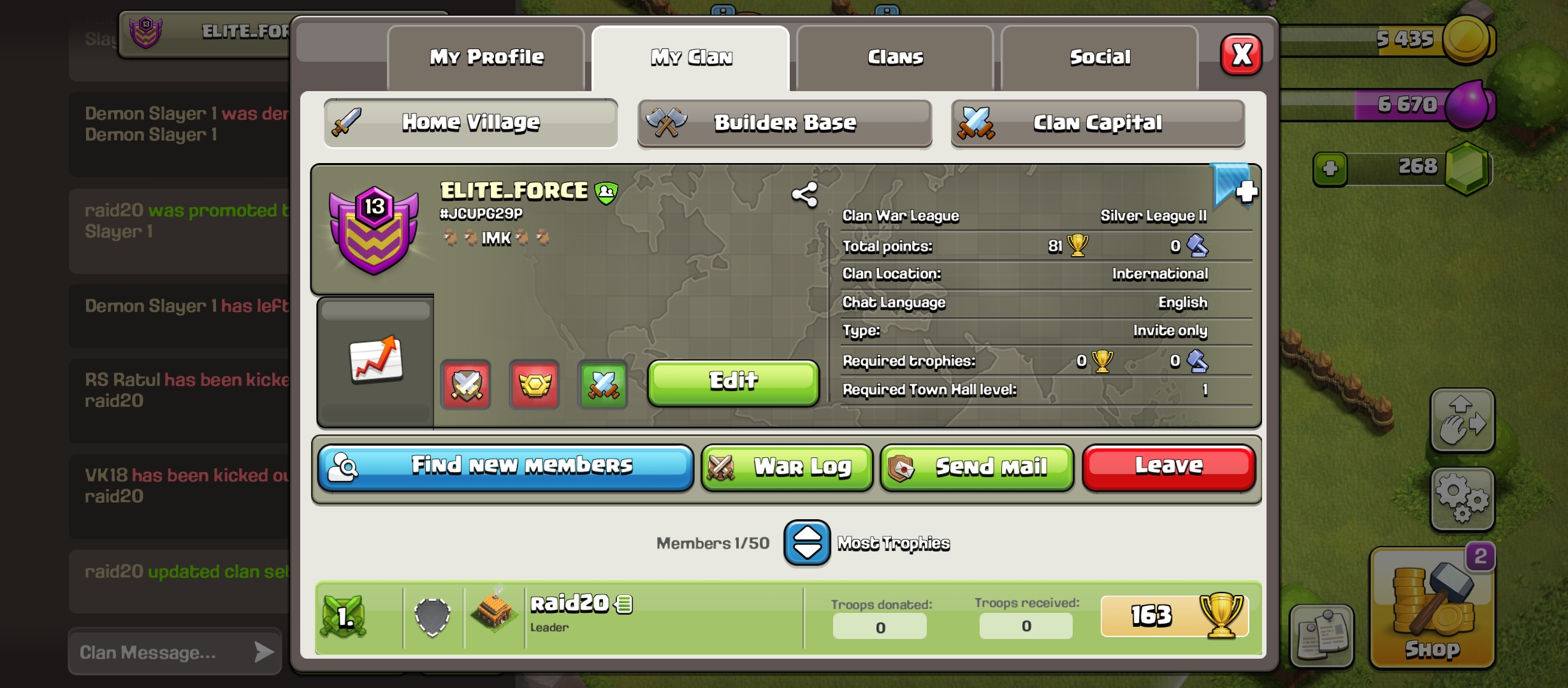 Clan Level 13 | Name : ELITE_FORCE | W 151 , L 267  | Capital Hall 1 |  League : Silver 2
