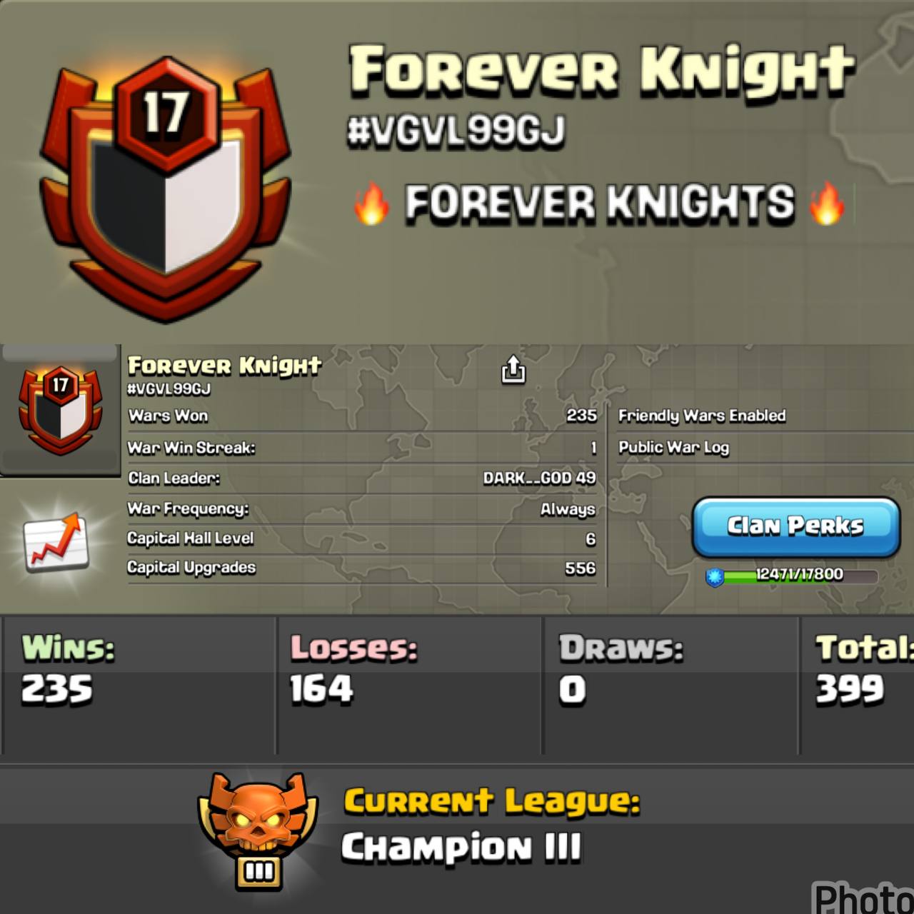 LEVEL - 17.8  | NAME - FOREVER KNIGHT l LEAGUE - CHAMPION 3 | CC - 6| ENGLISH NAME | WAR LOG - 235 : 164 | AMAZING NAME & LOG | INSTANT DELIVERY