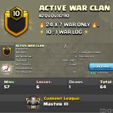 LEVEL - 10 | NAME - ACTIVE WAR CLAN  l LEAGUE - MASTER   3 | CC - 7 | RARE LOG | WAR LOG - 57 : 6 | AMAZING NAME & LOG | INSTANT DELIVERY
