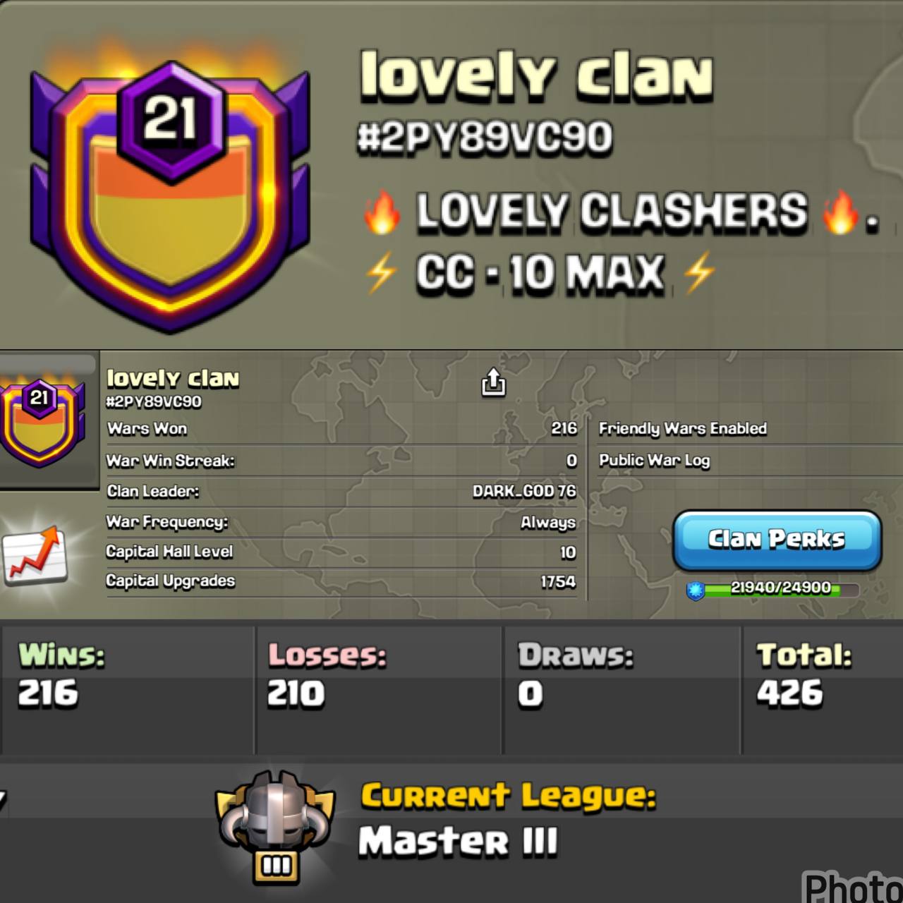 CC - 10 | LEVEL - 21.9 | NAME - LOVEY CLAN l LEAGUE - MASTER  3 | OP CLAN | WAR LOG - 216  : 210| AMAZING NAME & LOG | INSTANT DELIVERY