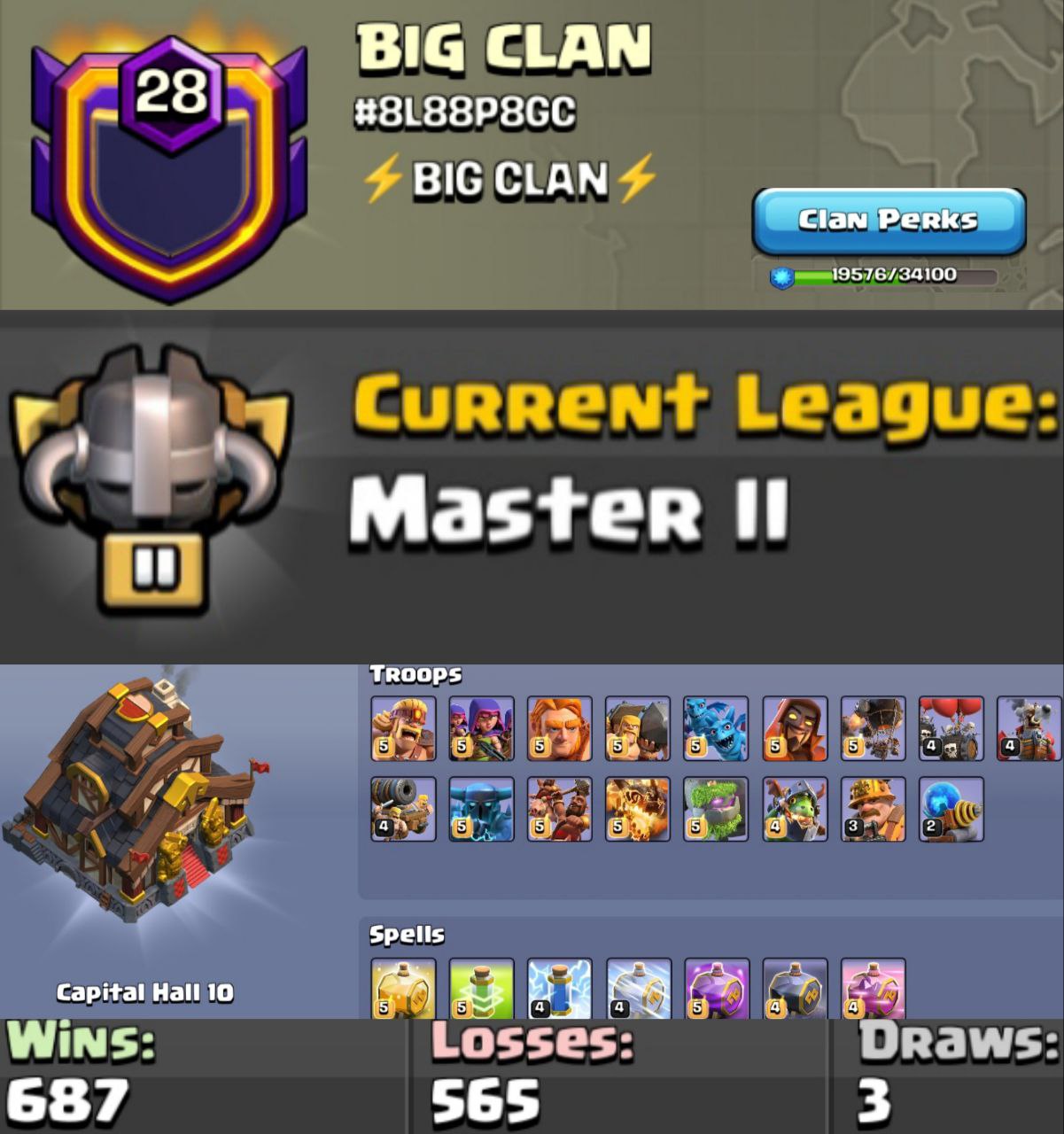 LEVEL - 28 | NAME - BIG CLAN l LEAGUE - MASTER 2 | CC - 10 | WAR LOG - 687 : 565 | AMAZING NAME & LOG | INSTANT DELIVERY