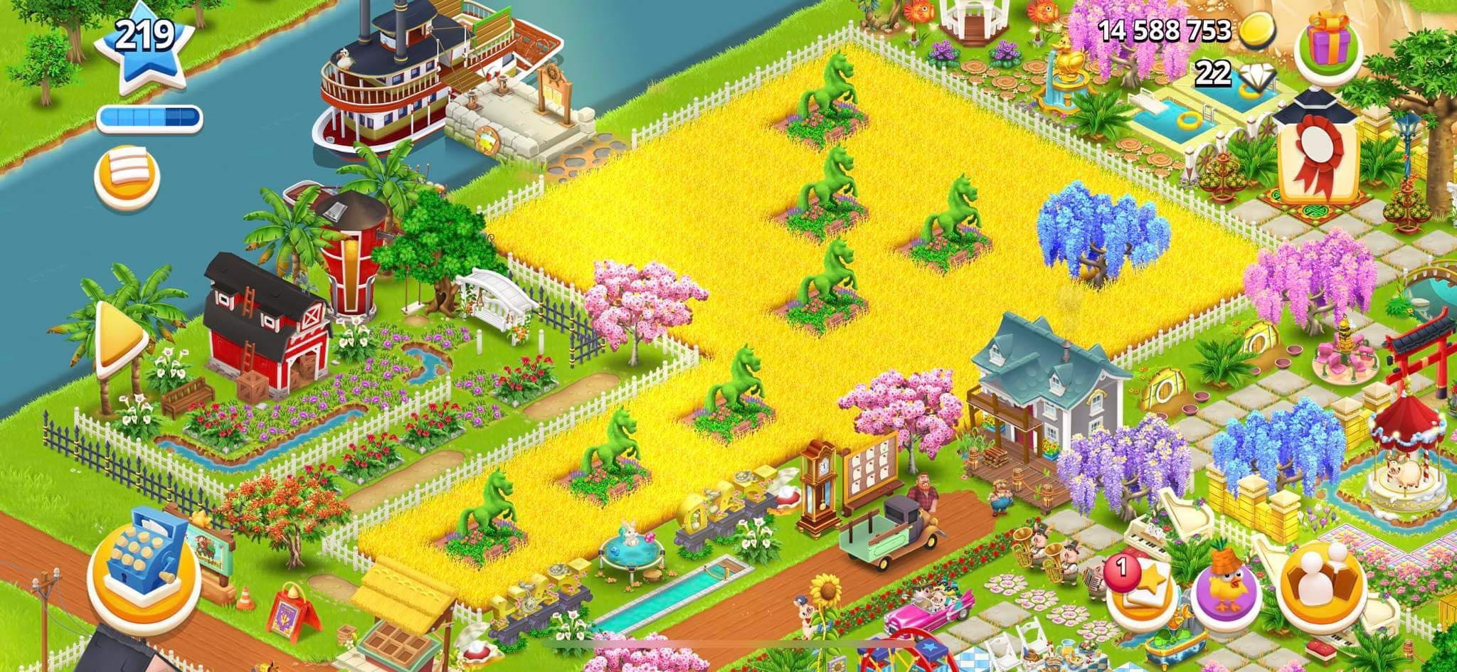 VIP ACC, Level 219 barn 10k2 silo 6k2 - Town Level 48 - has 26 animals - 5 are open - Enough combos of hayday letters, magic tree ferris wheell