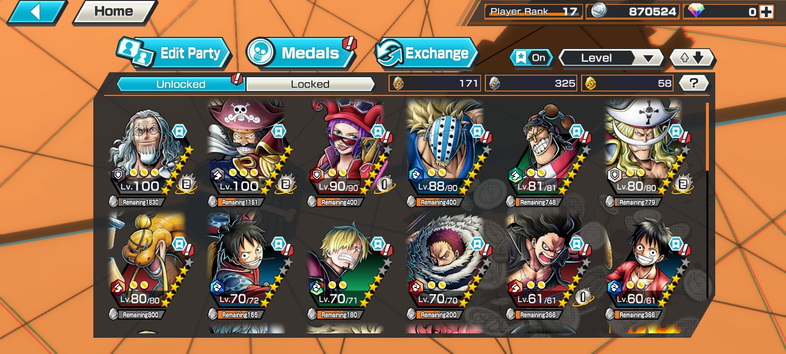 IOS+Android-2 Ex(Roger New max+Whitebeard)-Good Medal-SP 123%-Good BF(Queen+Killer+Rayleigh+Sanji)-HP805