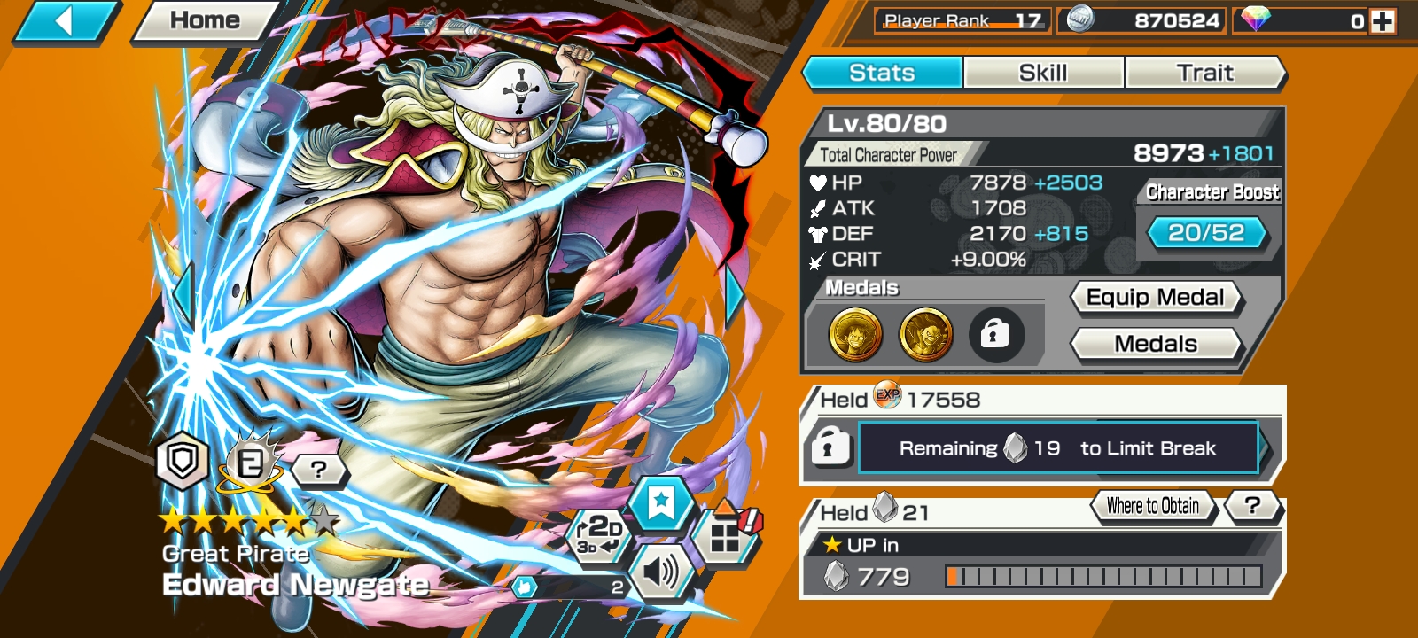 IOS+Android-2 Ex(Roger New max+Whitebeard)-Good Medal-SP 123%-Good BF(Queen+Killer+Rayleigh+Sanji)-HP805