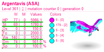 ASA PVE X5 COTTON CANDY COLOR ARGENTAVIS EGGS BIRTH LEVEL361 HP5986.1 STAM1780 WEIGHT1520 DAMAGE561% DELIVER TO BASE
