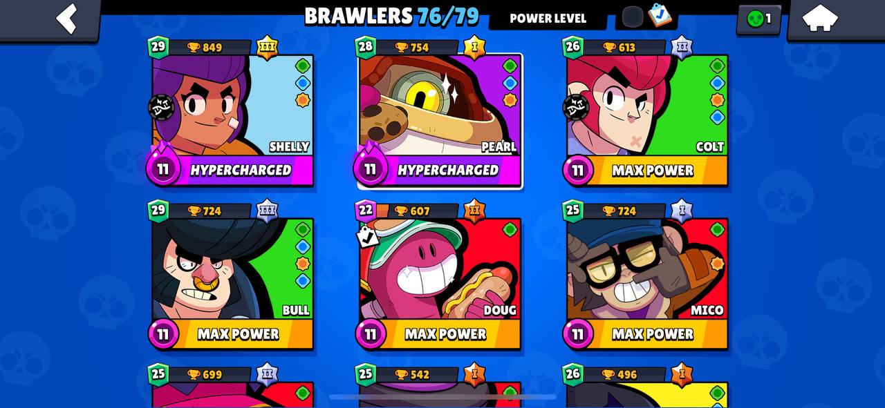 [code 129] 39.5k cups / 76 brawlers / 64 skins / 2 hypercharged / nice pumping (all brawlers 8lvl+) / full access / without other people