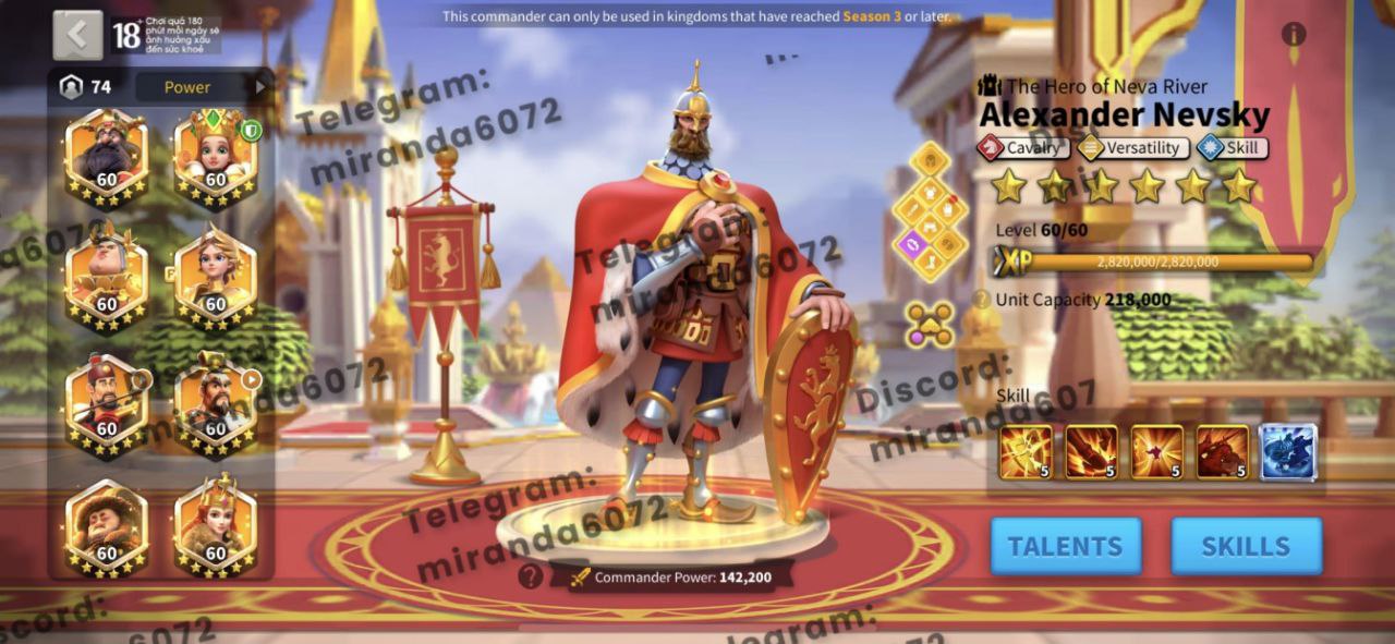 ROK1577  Acc 114M Vip 17 | Max 26 Commanders | 34 Passp | 2 Skins | IOS  - Android | Full Access: Whale