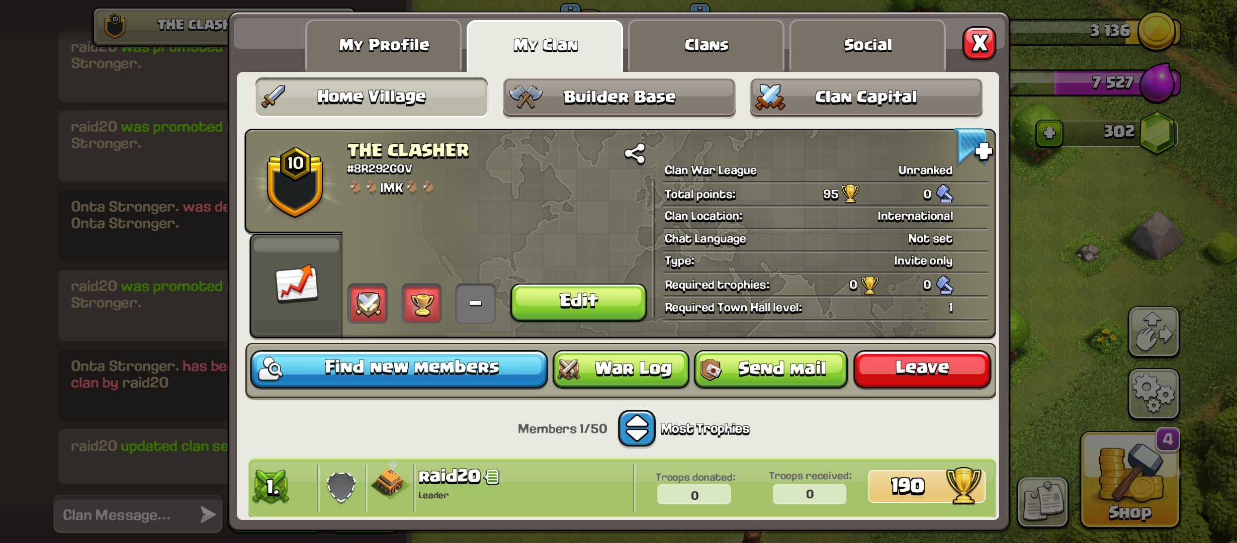 Clan Level 10 | Name : THE CLASHER | W 141 , L 137 | League : Unranked | Capital Hall 1