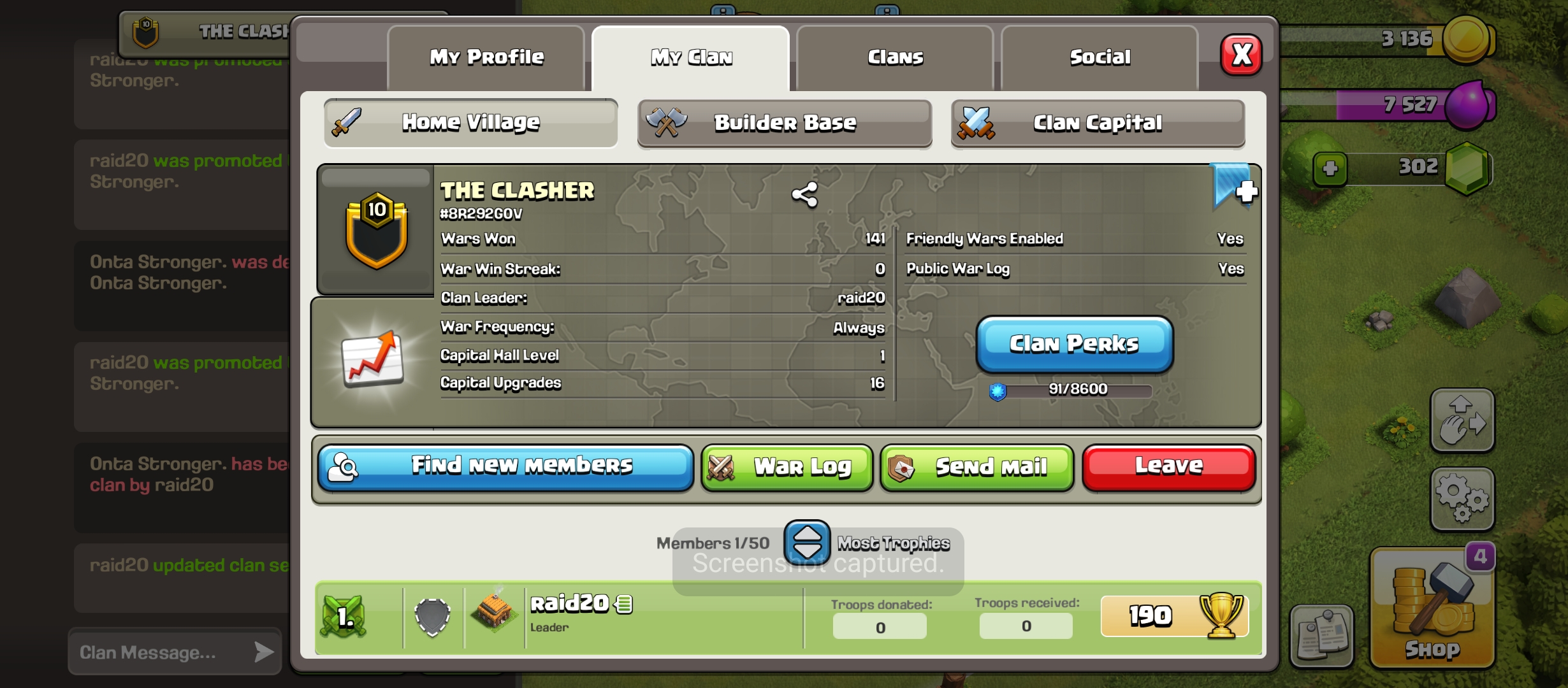 Clan Level 10 | Name : THE CLASHER | W 141 , L 137 | League : Unranked | Capital Hall 1