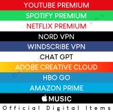 Youtube Premium - Spotify Premium - Netflix - Nord VPN - Windscribe VPN - Chat GPT - Adobe Creative Cloud - HBO GO - Amazon Prime - Apple Music