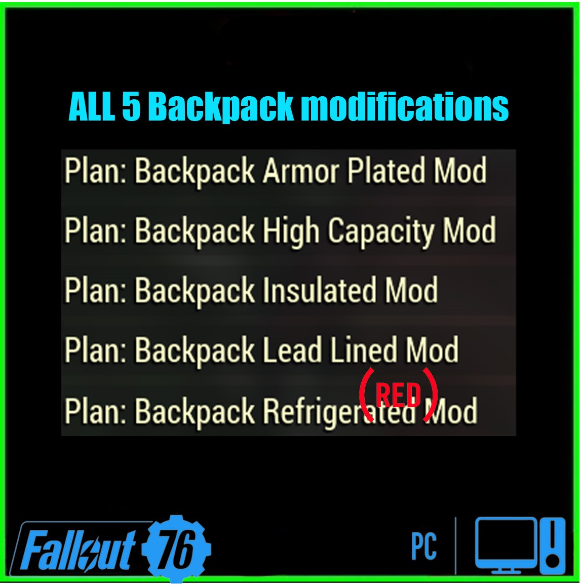 Bundle [ALL 5 Backpack modifications][Armor plated/High capacity/Refrigerated and etc.]