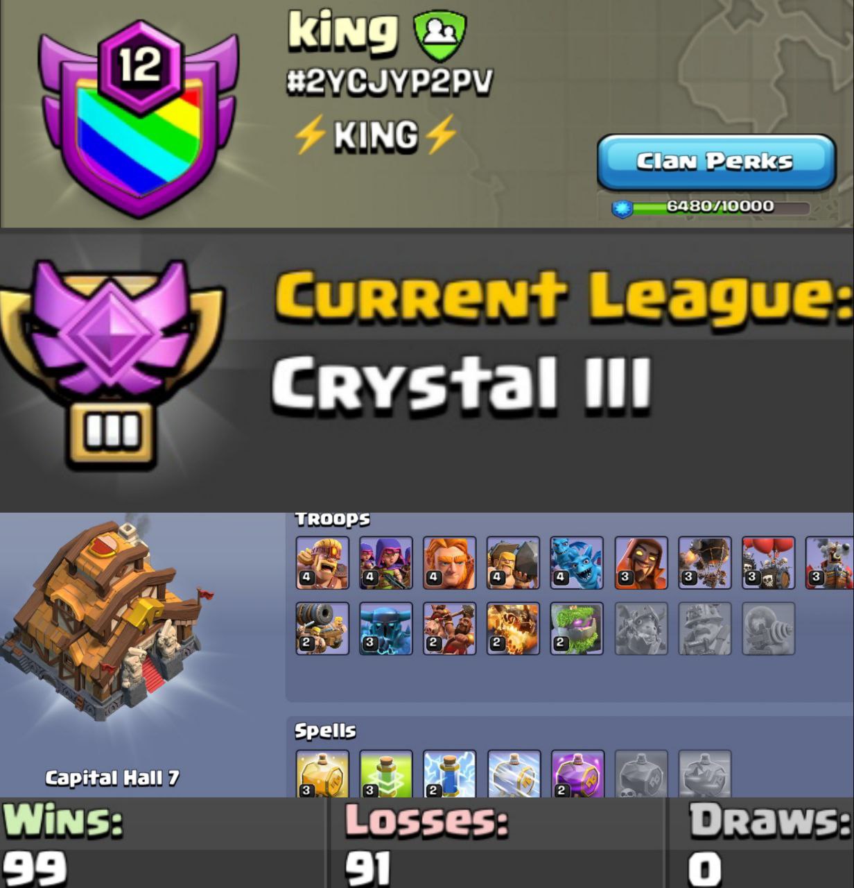 LEVEL - 12 | NAME - KING l LEAGUE - CRYSTAL 3 | CC - 7 | ENGLISH NAME | WAR LOG - 99 : 91 | AMAZING NAME & LOG | INSTANT DELIVERY