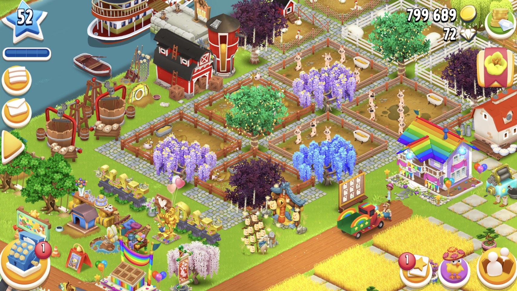 Level 52 barn 3450-silo 1100. Town level 10. Good production machine, beautifully decorated with Hayday lettering  IN GAME