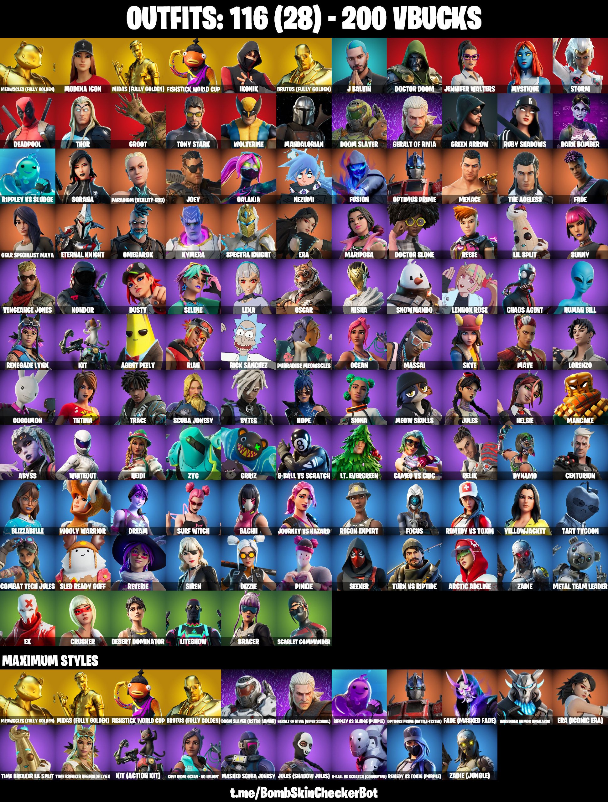 FA | PC | 116 Skins | Ikonik , Rage , Fishstick (World Cup) , Midas ...