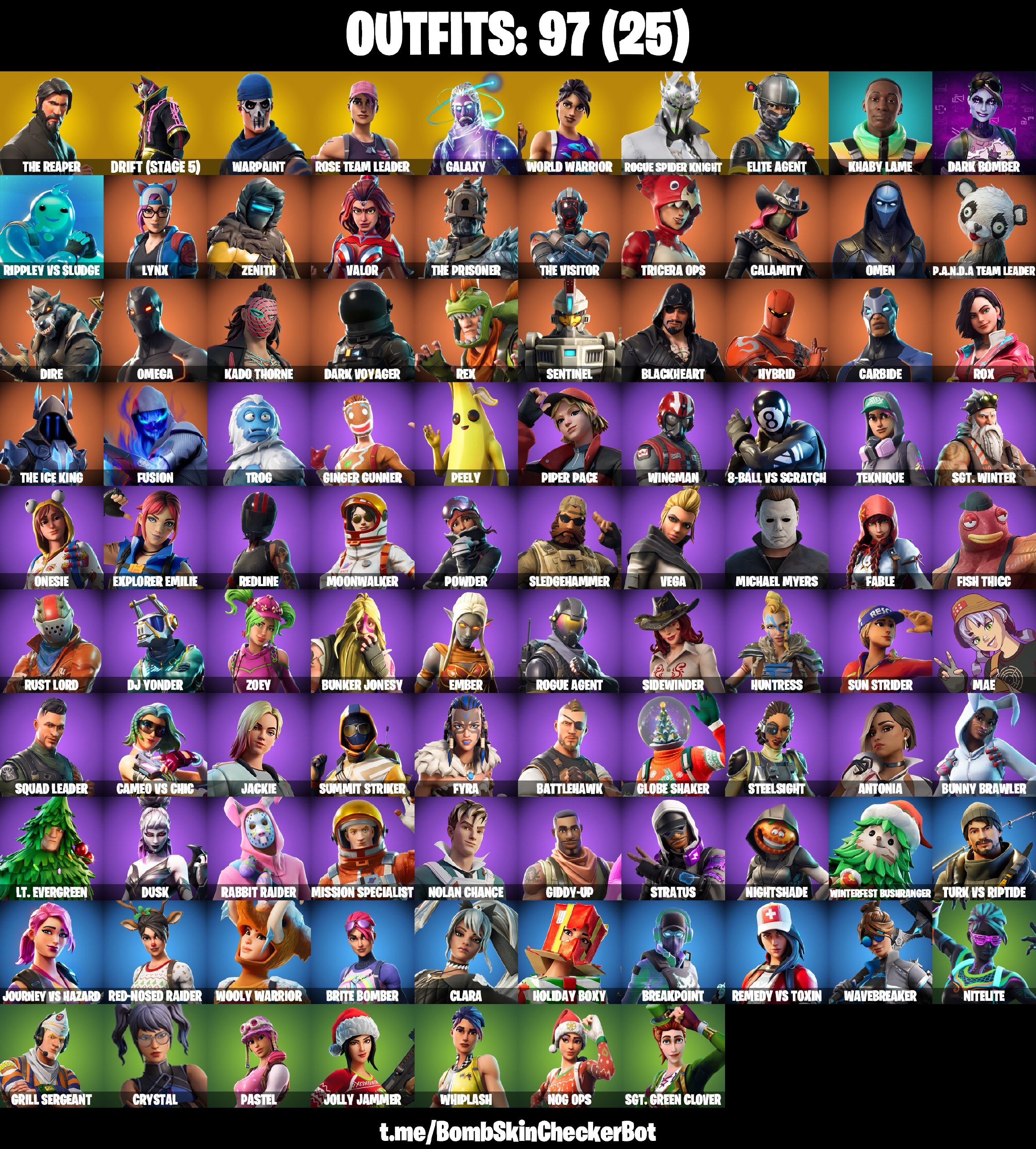 97 SKINS, GALAXY, THE REAPER, ROGUE SPIDER KNIGHT, OMEGA, ELITE AGENT ...