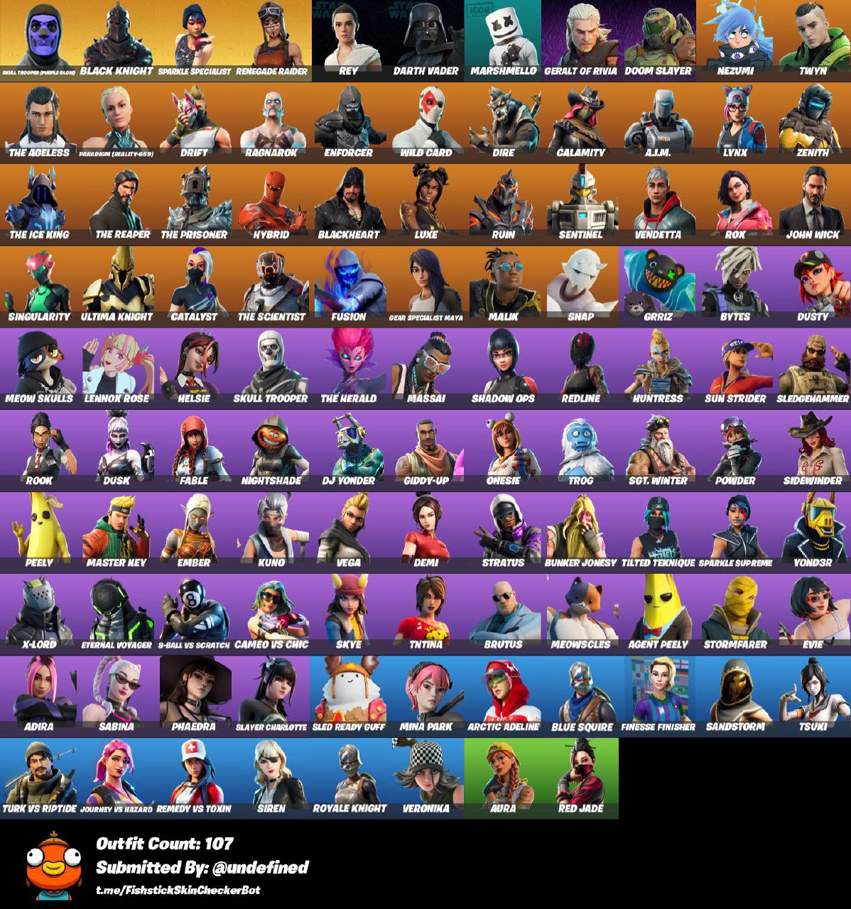 [all Platfom]107 Skins+renegade Raider+black Knight+sparkle Specialist 