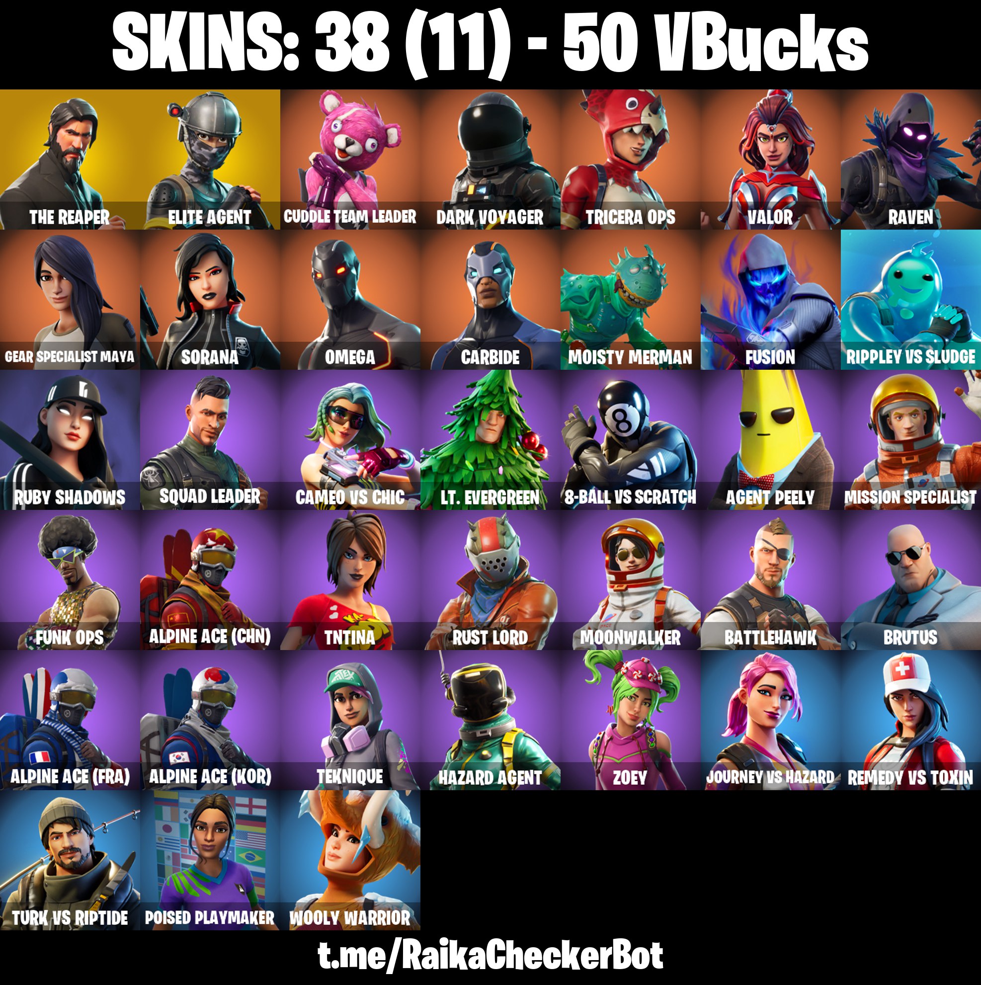 Kulit: 38 [UNK] The Reaper, Elite Agent, Cuddle Team Leader, Dark Voyager,  Tricera Ops, Valor, Raven, Gear Specialist Maya , #8854 - iGV