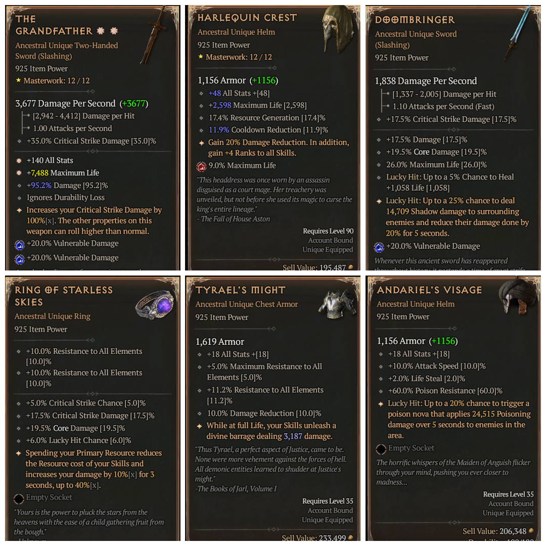 The Grandfather 2 Greater affix ( very rare )| Harlequin crest and more  uber unique | The pits clear solo Tier 123 | Strong and tanky character -  iGV