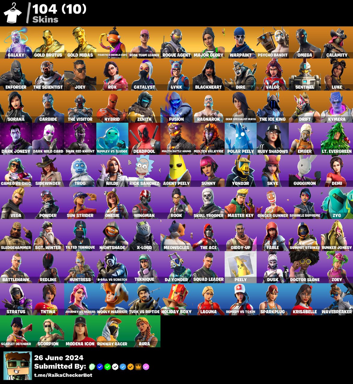 FA [PC/XBOX] 104 skins, GALAXY, MERRY MINT AXE, Gold Brutus, Gold Midas, Rogue Agent, Major Glory, Psycho Bandit